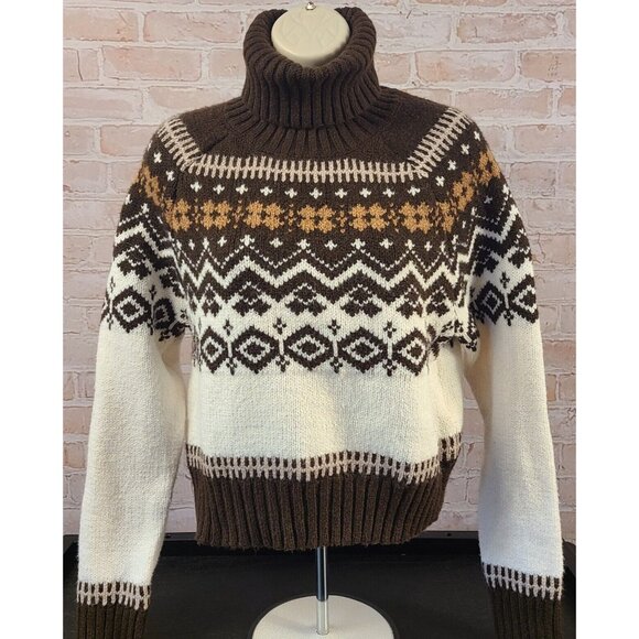 American Eagle Brown/Cream Long Sleeve Turtleneck Crop Sweater Women's Medium - Picture 1 of 12